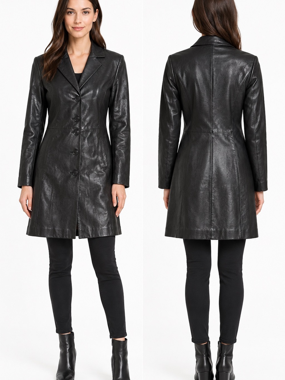 Danier Black Leather Mid-Length Button Coat size XS-S